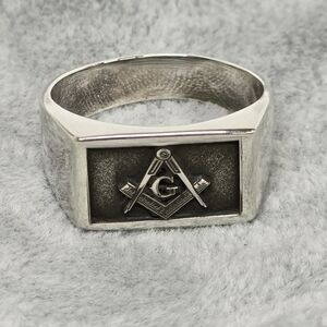 Men’s Solid 925 Mexican Sterling Silver Ring with Square Compass and Letter G
